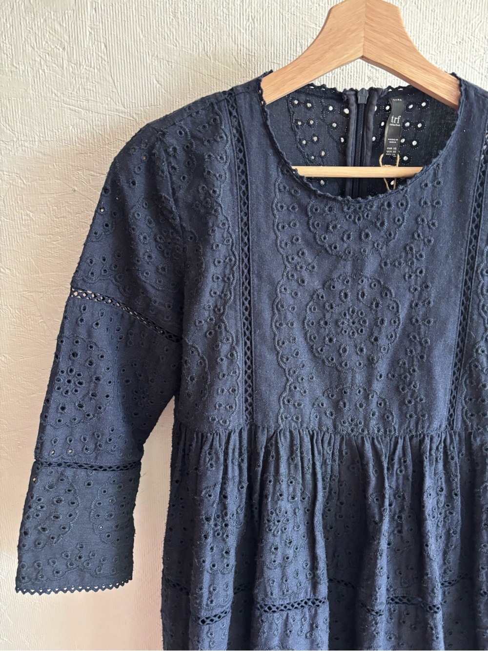 Zara Navy Blue Eyelet Tiered Babydoll Mini Dress - Picture 7 of 11